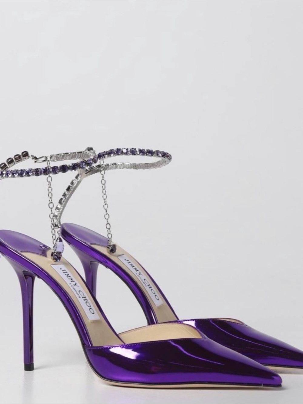 Jimmy Choo Metallic Purple Pointed-Toe Stiletto Heels with Crystal Ankle Chain
